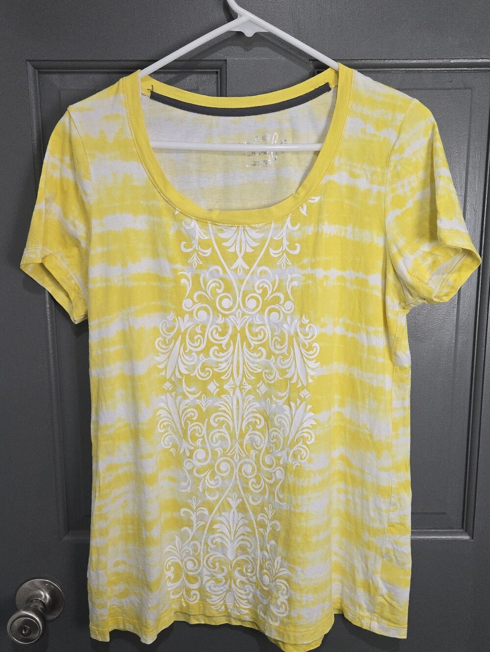 Yellow Tie-Dye Scoop Neck Top with White Print
